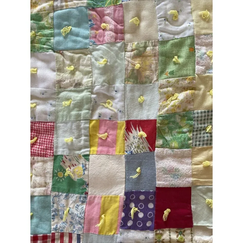 Vintage 1950s Baby Quilt Lot 2 Hand-Tied Patchwork Crib Toddler Blankets Craft